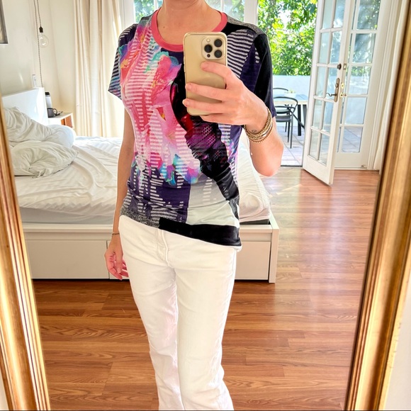 Prabal Gurung Blue Pink Black Pattern T-Shirt - Picture 7 of 12